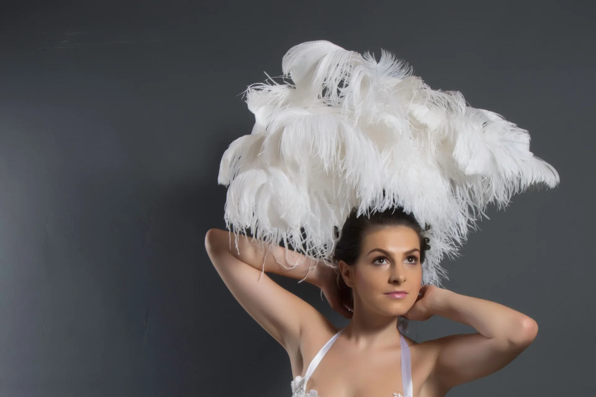 A performer in an elaborate white feather headdress and beaded costume against a plain grey backdrop, hands raised to the crown of feathers (representative photograph of a cabaret-style performer, not Maison Milano's own cast)